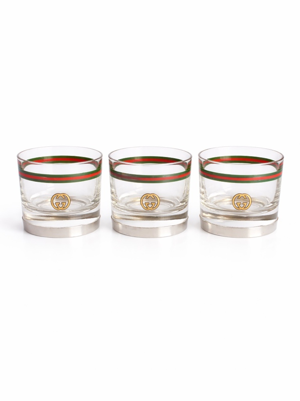 Gucci Cocktail Glasses with Silver Base GG Logo Webbing 3pc Set Barware Vintage